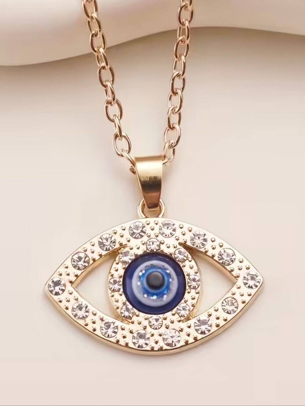 STYLISH EYE OF PROTECTION GOLD VERMEIL RHINESTONE ACCENT NECKLACE
